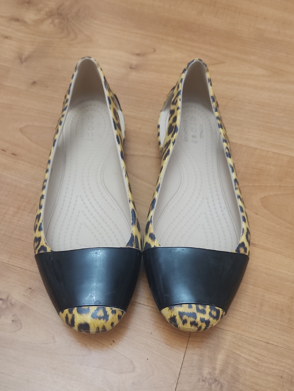 CROCS Leopard Print Flats with Black Cap Toe